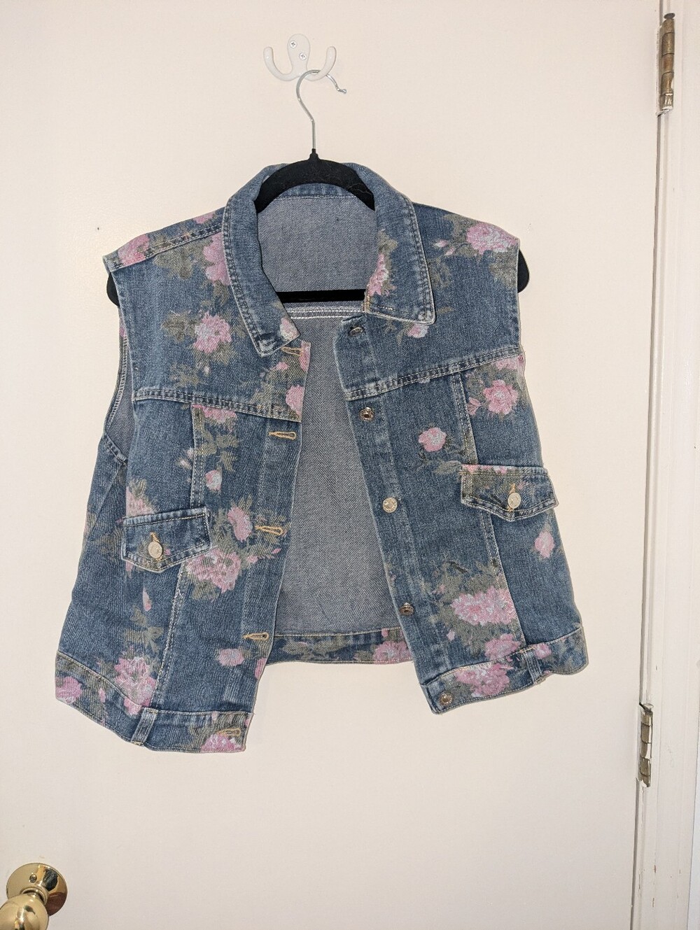 Girls Floral Print Denim Vest - Pink Floral on Blue
